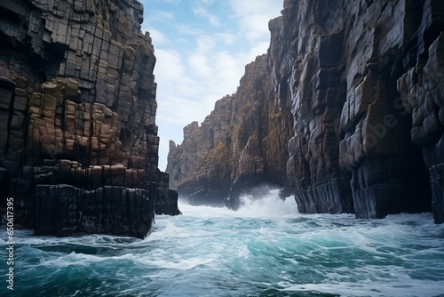 A breathtaking coastal landscape with towering cliffs and a vast expanse of water