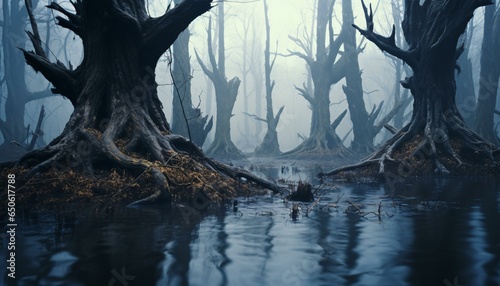 A serene swamp landscape with trees and water © KWY