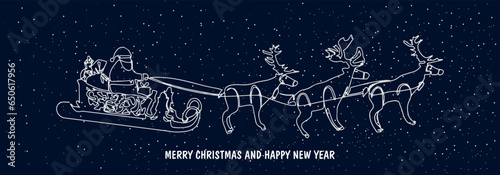 One continuous line drawing Santa Claus on reindeer and sled. concept for Christmas and New Year. vector illustration. Vector illustration