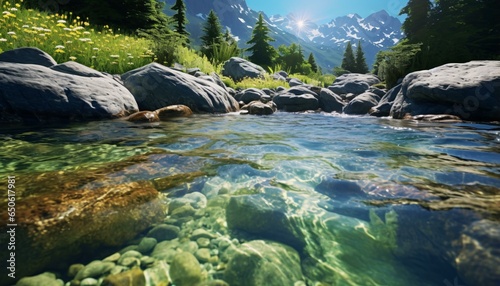 A serene stream flowing through a vibrant green forest