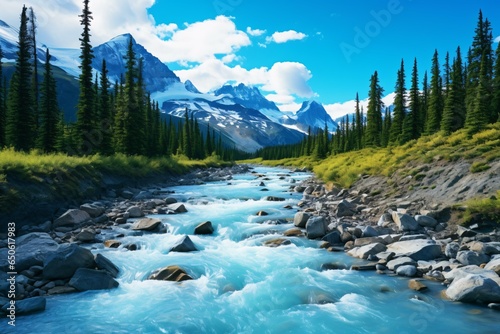 A serene river flowing through a vibrant green forest