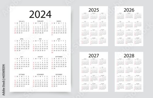 Calendar for 2024, 2025, 2026, 2027, 2028 years. Simple calender layouts. Planner template with 12 month. Week starts Sunday. Pocket or wall calendars. Yearly diary organizer. Vector illustration