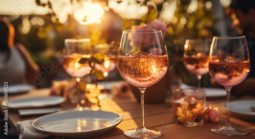 Glasses of rose wine in the hands on the background of the setting sun