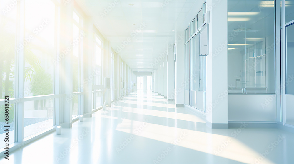 Hospital corridor with bright white walls with outside light