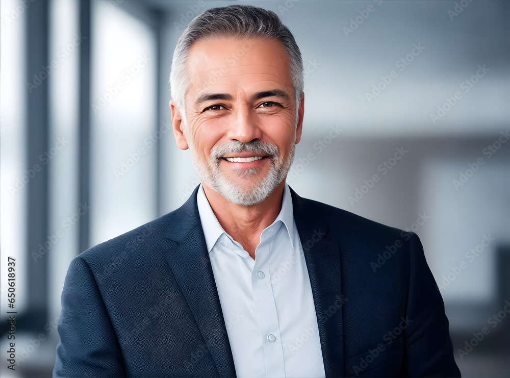 Happy Mid-Aged Businessman, 50-Year-Old Manager, Confident Investor, Close Up Headshot Portrait in Office, Smiling Mature Professional Executive Looking at Camera