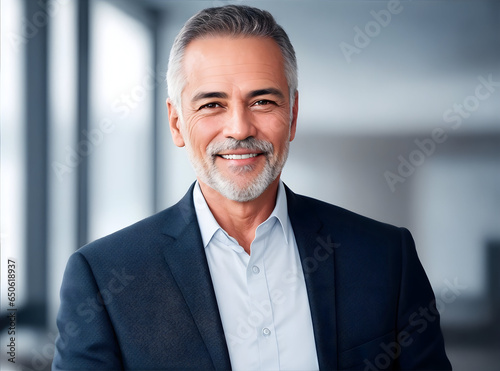 Happy Mid-Aged Businessman, 50-Year-Old Manager, Confident Investor, Close Up Headshot Portrait in Office, Smiling Mature Professional Executive Looking at Camera © sanju