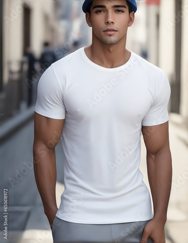 Stylish Male Latin Model in Classic White Cotton T-Shirt and Cap, Urban Street Fashion Photography