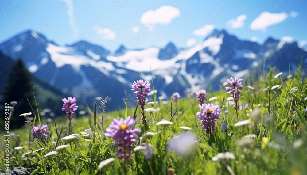 A beautiful field of colorful wildflowers with majestic mountains as the backdrop