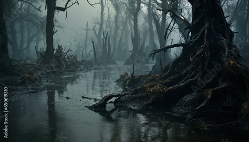 A serene swamp landscape with lush trees and abundant water © KWY