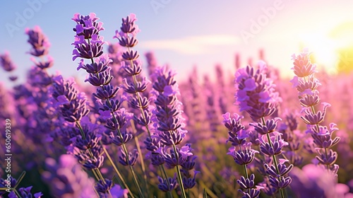 A beautiful lavender field with the sun setting in the background