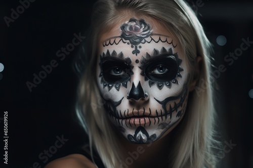 portrait of a woman with creative Halloween makeup, has a creepy look, a woman in a halloween costume, empty space on an background. A woman is preparing for the day of the dead. Generative AI.