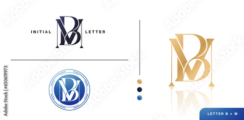 Set of BM or MB  Monogram Initial Letter Logo Design with Golden and Blue Color for advertisement material, collage print, ads campaign marketing, screen printing, letterpress golden foil papers cards photo