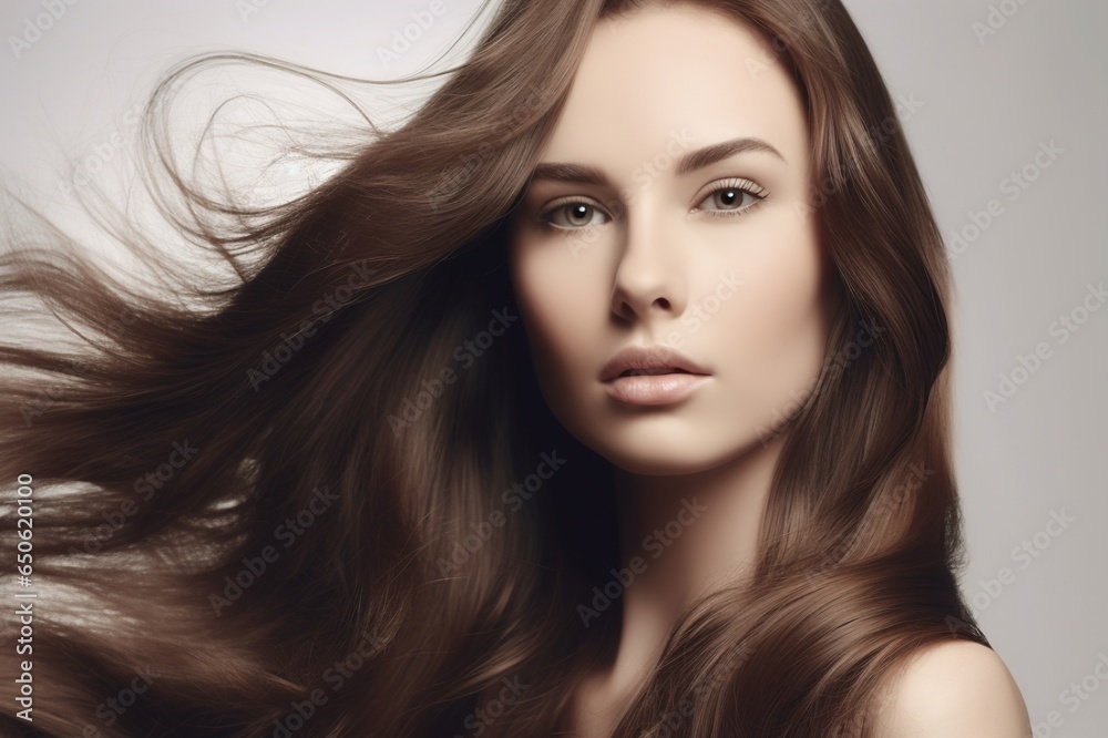 Naklejka premium Beautiful long hair. Beauty with luxurious straight brown hair. Beautiful model on a white background.Generative AI