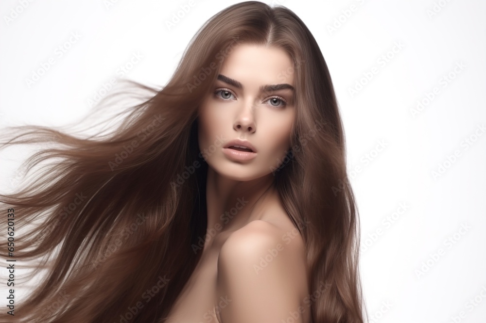 Naklejka premium Beautiful long hair. Beauty with luxurious straight brown hair. Beautiful model on a white background.Generative AI