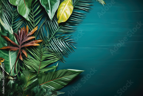 Green background of tropical leaves and empty space. Flat lay, nature concept, tropical leaf © Beastly