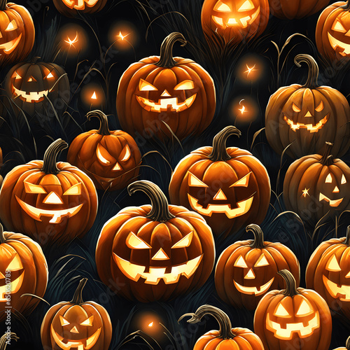 A field filled with glowing jack-o'-lanterns, some smiling and others sinister.