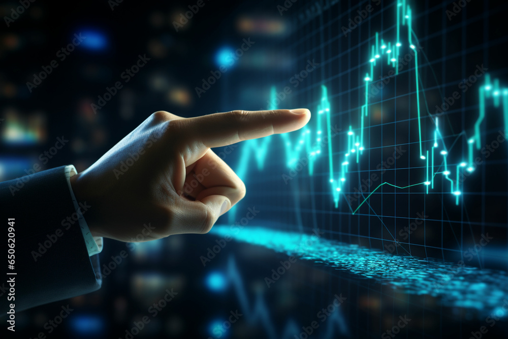 Close up of businessman hand pointing at abstract glowing business chart on blurry blue city background. Trade, finance and economy concept. Double exposure. Close up of businessman hand pointing at abstract glowing business chart on blurry blue city background. Trade, finance and economy concept. Double exposure.