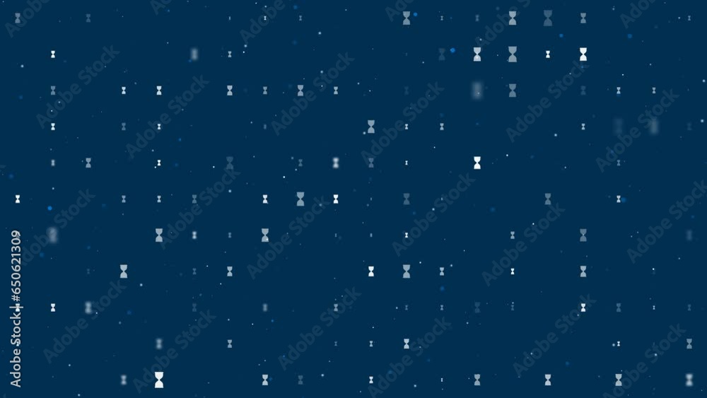 Template animation of evenly spaced hourglass symbols of different sizes and opacity. Animation of transparency and size. Seamless looped 4k animation on dark blue background with stars
