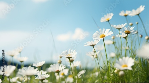 Fototapeta Naklejka Na Ścianę i Meble -  Blooming white daisy flowers in a meadow on a green grass hill with summer blue sky and distant mountains.