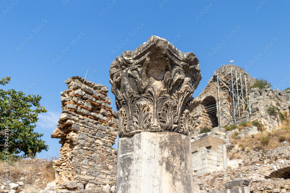 Various Hellenistic Greek column capitals in Corinthian, Ionic and Doric varieties in the open air museums of Turkey, Izmir and Ephesus.