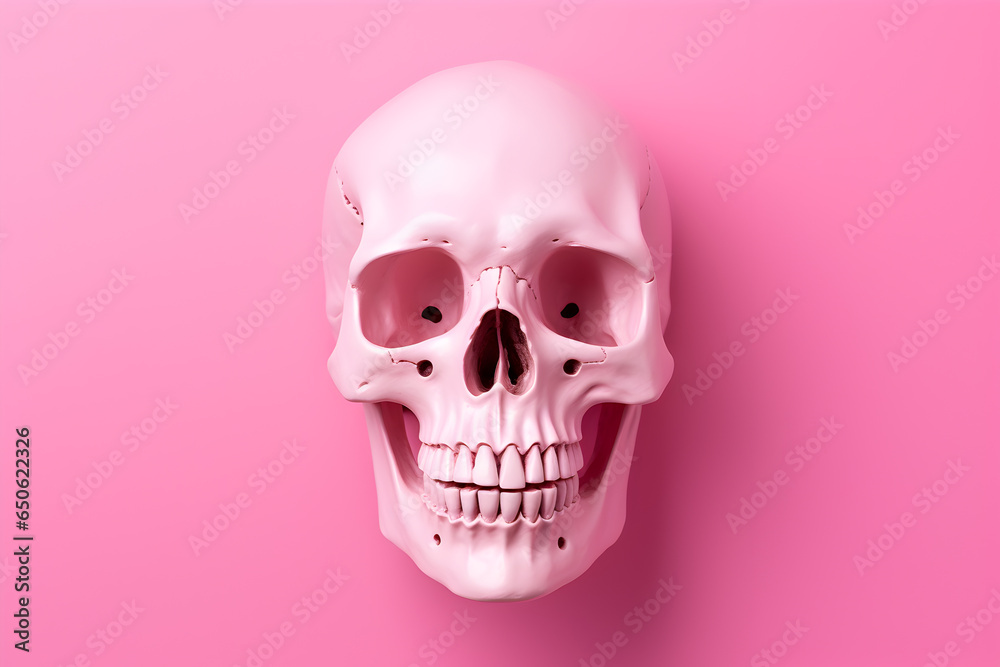 Pink glamour skull on pink background with copy space for your text, skeleton as Halloween concept, front view