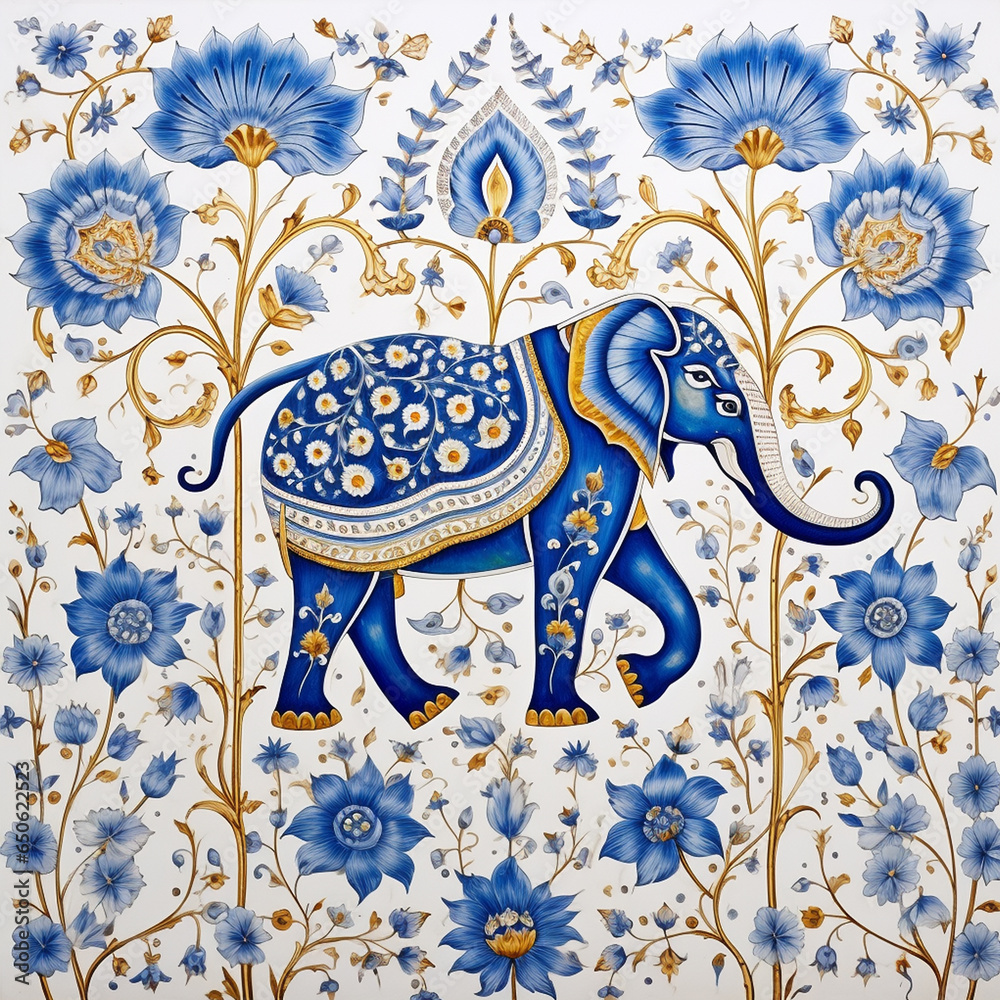 pattern Mughal peacock elephant painting on white background with AI generative