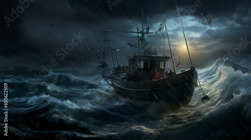 Fishermen struggling on a fishing boat caught at a huge storm in bad weather at dark night scenery