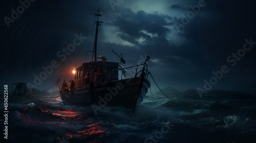 Sinking boat caught in a storm out at sea with heavy rain and wind dark oceanic scenery