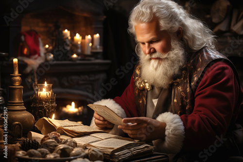 man in Santa Claus costume reads letters from children about gifts at home by fireplace