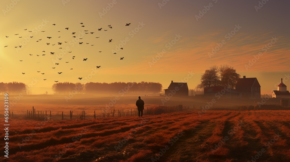 Rural landscape in twilight with birds flying over the fields