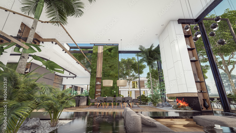 Obraz premium 3d rendering of expensive cozy interior with green walls with living dining zone stair and kitchen for sale or rent. Spacious apartments with expensive furniture, equipment and flowers
