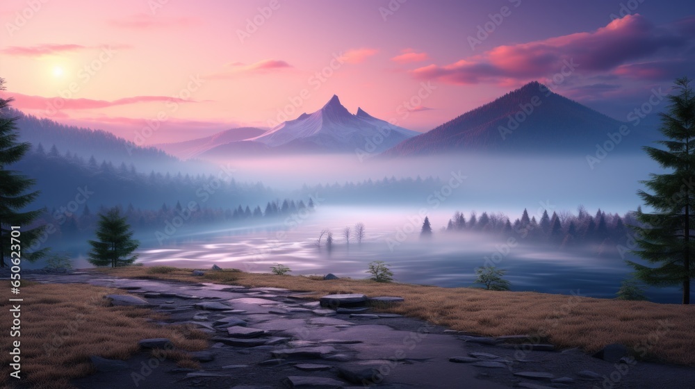 Foggy mountains landscape at sunset. 
Foggy landscape with mountains in the background. Vector illustration.