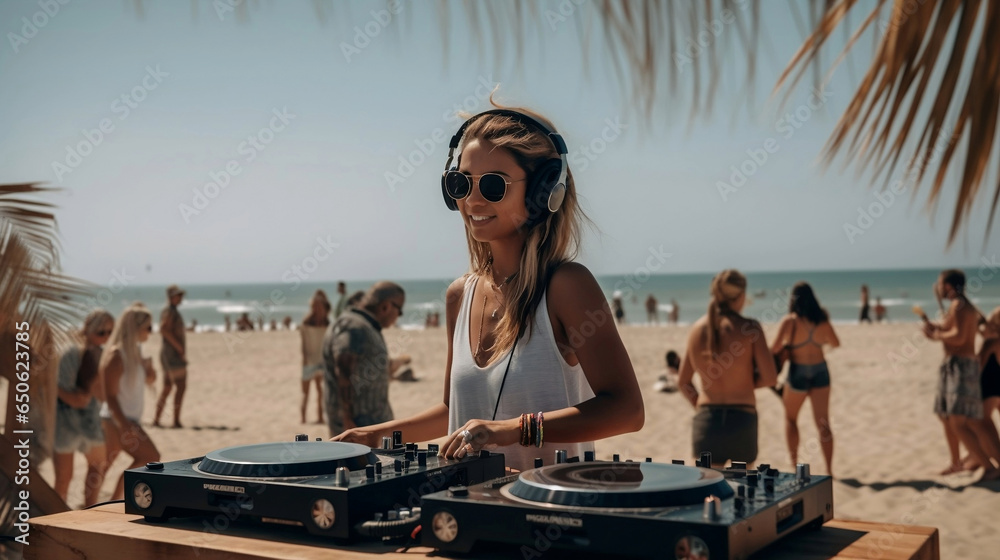 Girl as DJ on a beach in summer