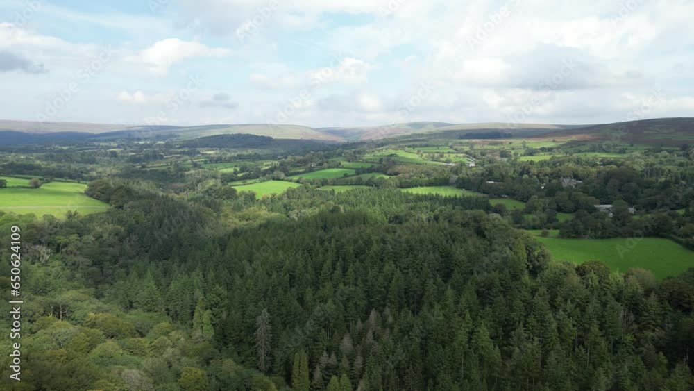 Dartmoor National Park, Devon, England: DRONE VIEWS: Dense woodland and Dartmoor on a sunny, summer day. Dartmoor and the surrounding land has been protected by National Park status since 1951. Dartmoor National Park, Devon, England: DRONE VIEWS: Dense woodland and Dartmoor on a sunny, summer day. Dartmoor and the surrounding land has been protected by National Park status since 1951.
