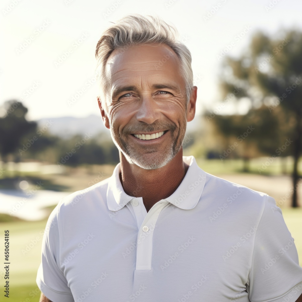 Mature man smiling standing outside in the sun on a golf course. Mature man smiling standing outside in the sun on a golf course.
