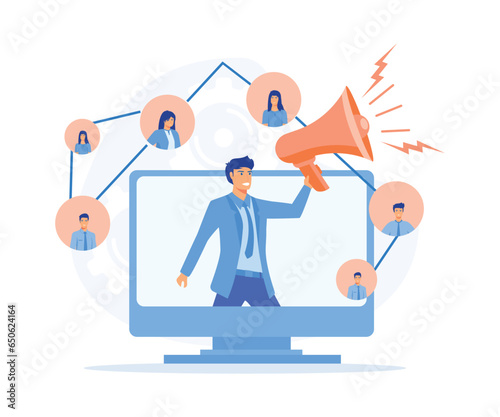 Refer a friend. Social media marketing, referral program. People share information with affiliate referrals and making money,  flat vector modern illustration