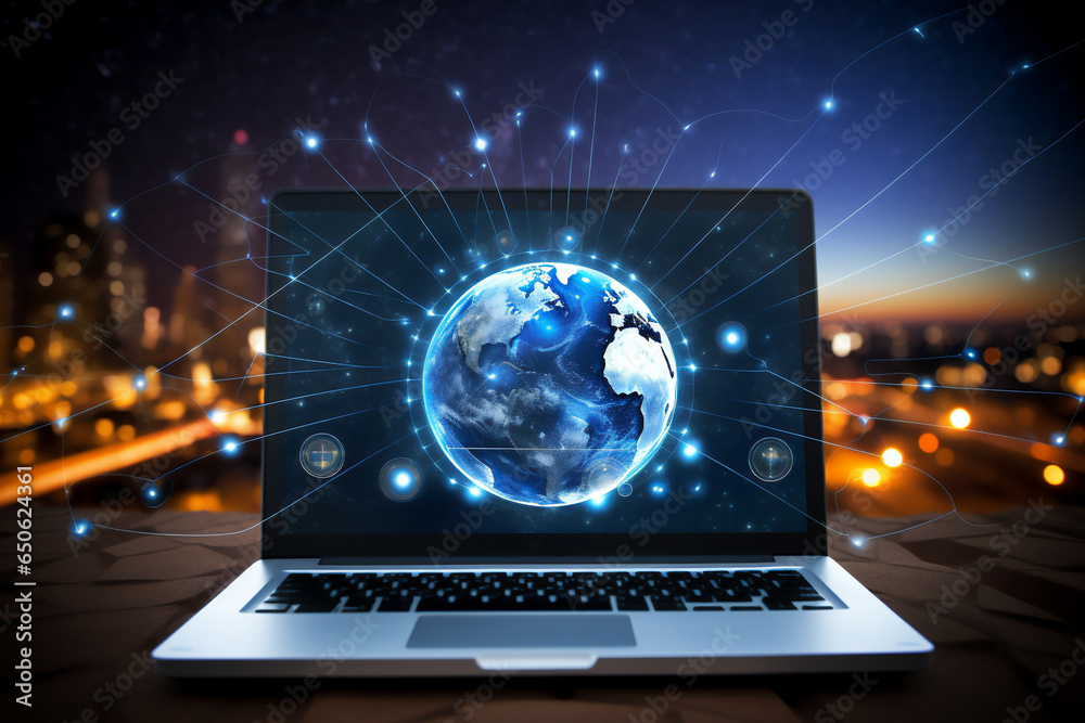 Global communication big data being transmitted across the world while using a laptop computer on the internet by the use of artificial intelligence, computer Generative AI stock illustration Global communication big data being transmitted across the world while using a laptop computer on the internet by the use of artificial intelligence, computer Generative AI stock illustration