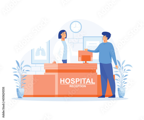 Hospital reception concept, Man asks a question to the hospital register office,   flat vector modern illustration 