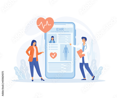 Electronic health record, doctor reading medical, treatment history, clinical data of young woman, healthcare app.  flat vector modern illustration  