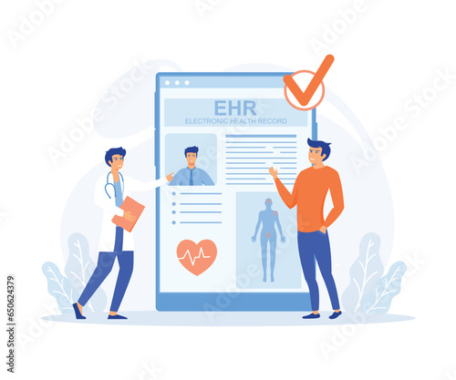 Electronic health record, Female doctor reading medical, treatment history, clinical data of young man, healthcare app. flat vector modern illustration 
