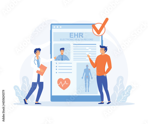 Electronic health record,  Female doctor reading medical, treatment history, clinical data of young man, healthcare app. flat vector modern illustration  