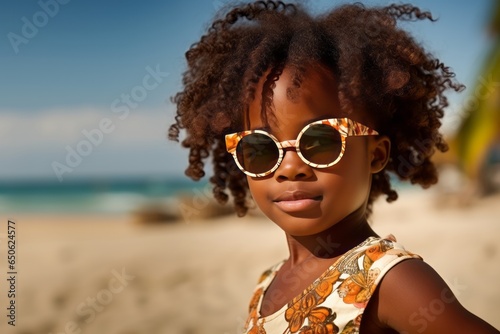 Fototapeta Naklejka Na Ścianę i Meble -  Portrait of Afro American child having fun on the beach during vacation time.