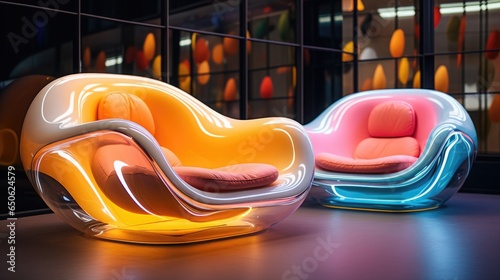 Futuristic stylish iridescent rainbow chair made of reflective plastic. Eco-friendly modern furniture made from recycled plastic. photo
