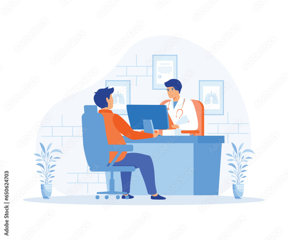 Woman at the doctor's appointment. girl and male doctor sitting and talking at the table in the office. flat vector modern illustration Woman at the doctor's appointment. girl and male doctor sitting and talking at the table in the office. flat vector modern illustration