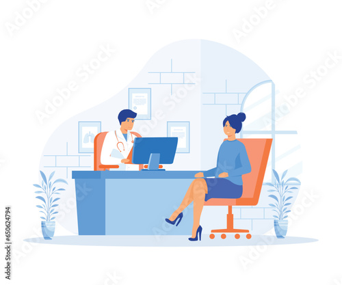 Patient in the doctor’s office. Doctor consultation. Visit Modern clinic, Doctor appointment. flat vector modern illustration