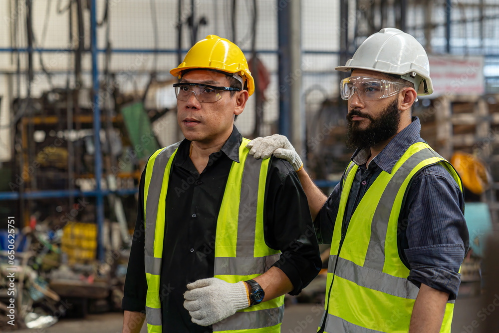 Engineer discuss with Technician in factory. Man technician is working in a steel factory. Man worker in safety helmet working on steel machine. Engineer discuss with Technician in factory. Man technician is working in a steel factory. Man worker in safety helmet working on steel machine.