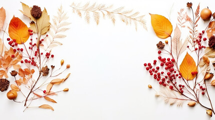 Autumn creative frame composition with dried leaves, chestnuts, red berries and cones on white background. Generative AI