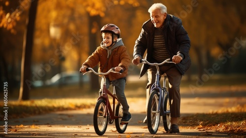 Happy family grandfather teaches child grandson to ride a bike in park- generative AI, fiction Person