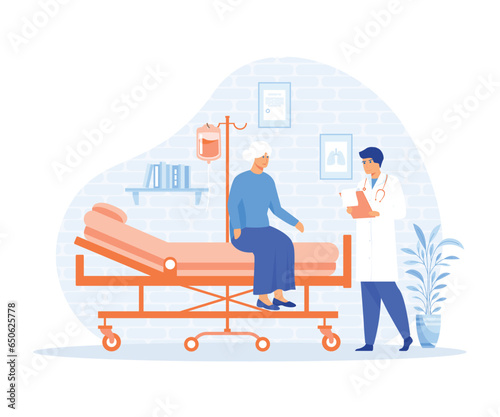 Medical Consultation concept, Elderly woman in a Medical Consultation with a Geriatrician Doctor, flat vector modern illustration 