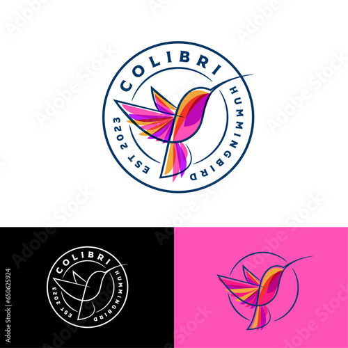 Pink colibri with  transparent feathers into circle. Humming-bird emblem.